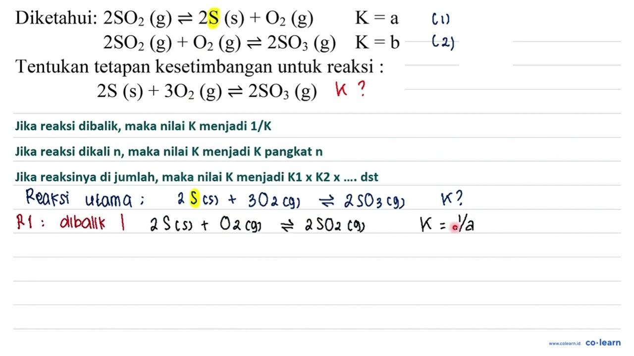 Diketahui: 2 SO_(2)(g) leftharpoons 2 ~S(s)+O_(2)(g) K=a 2