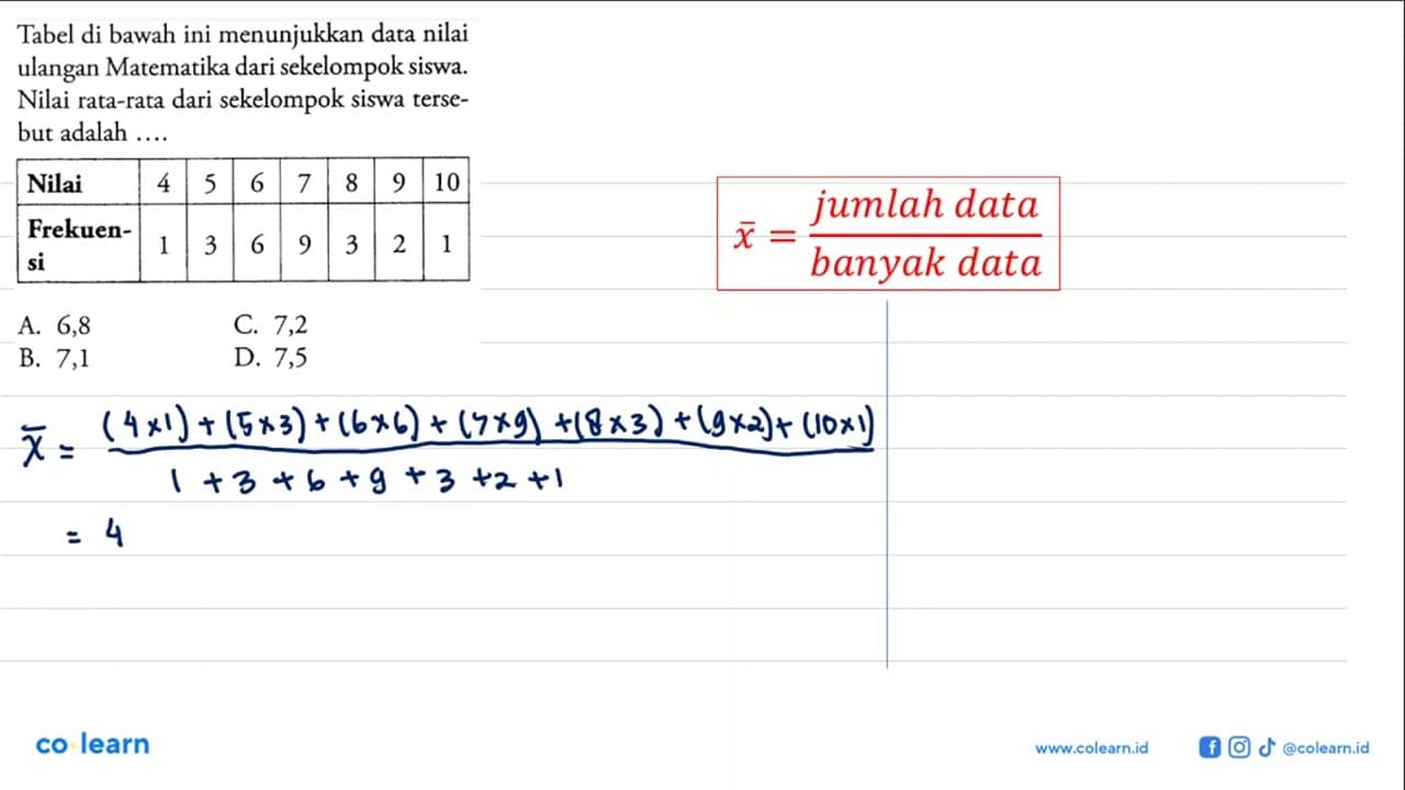 Tabel di bawah ini menunjukkan data nilai ulangan