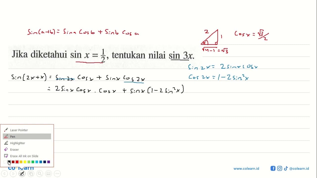 Jika diketahui sin x = 1/2, tentukan nilai sin 3x.