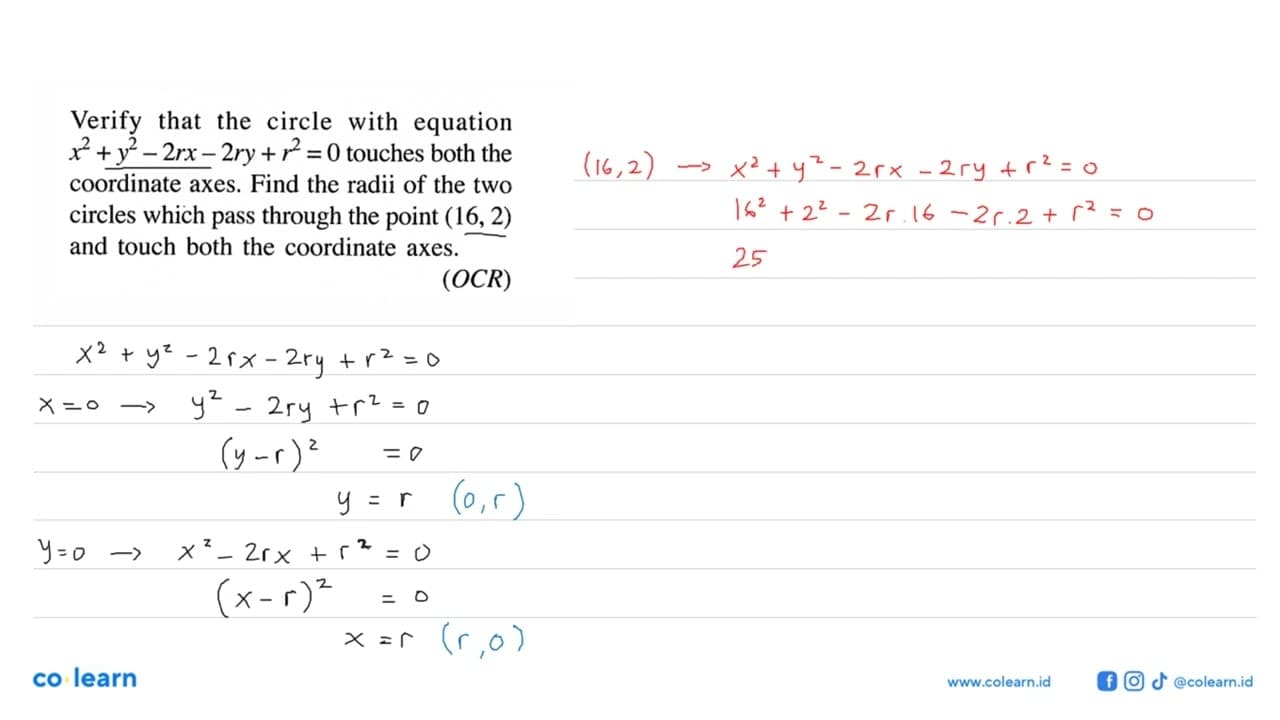 Verify that the circle with equation x^2 + y^2 - 2rx - 2ry