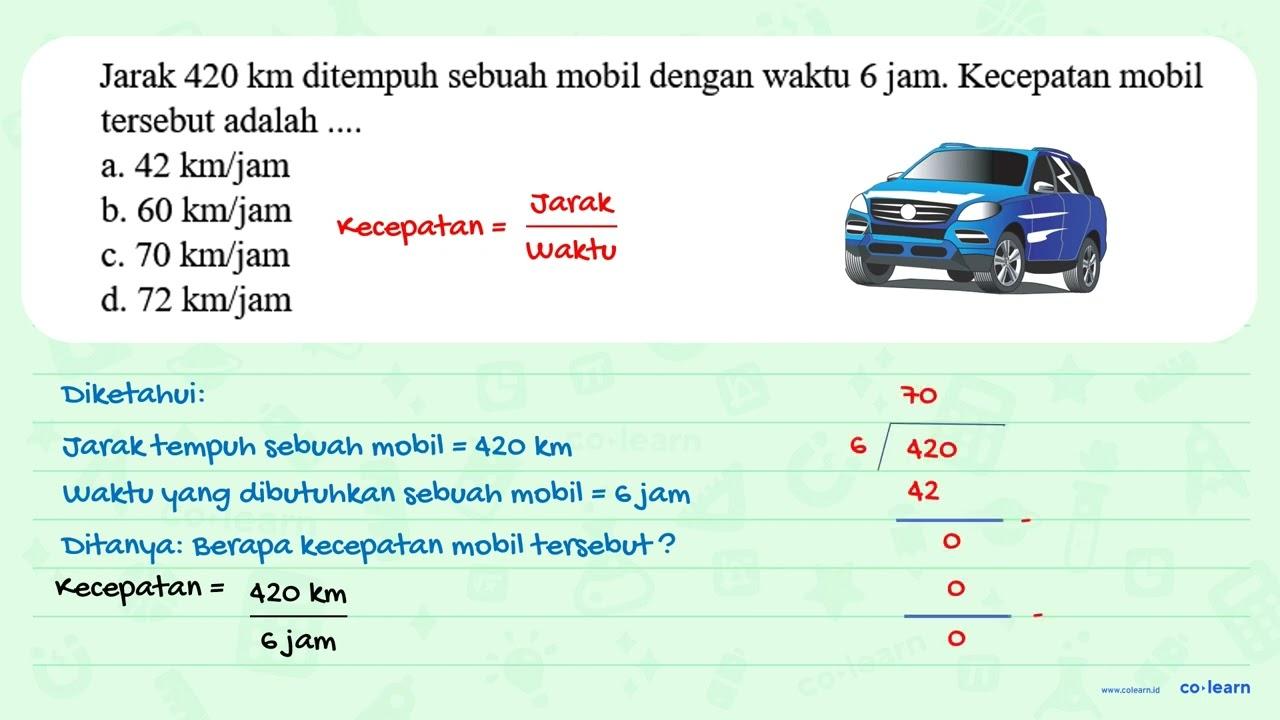 Jarak 420 km ditempuh sebuah mobil dengan waktu 6 jam.