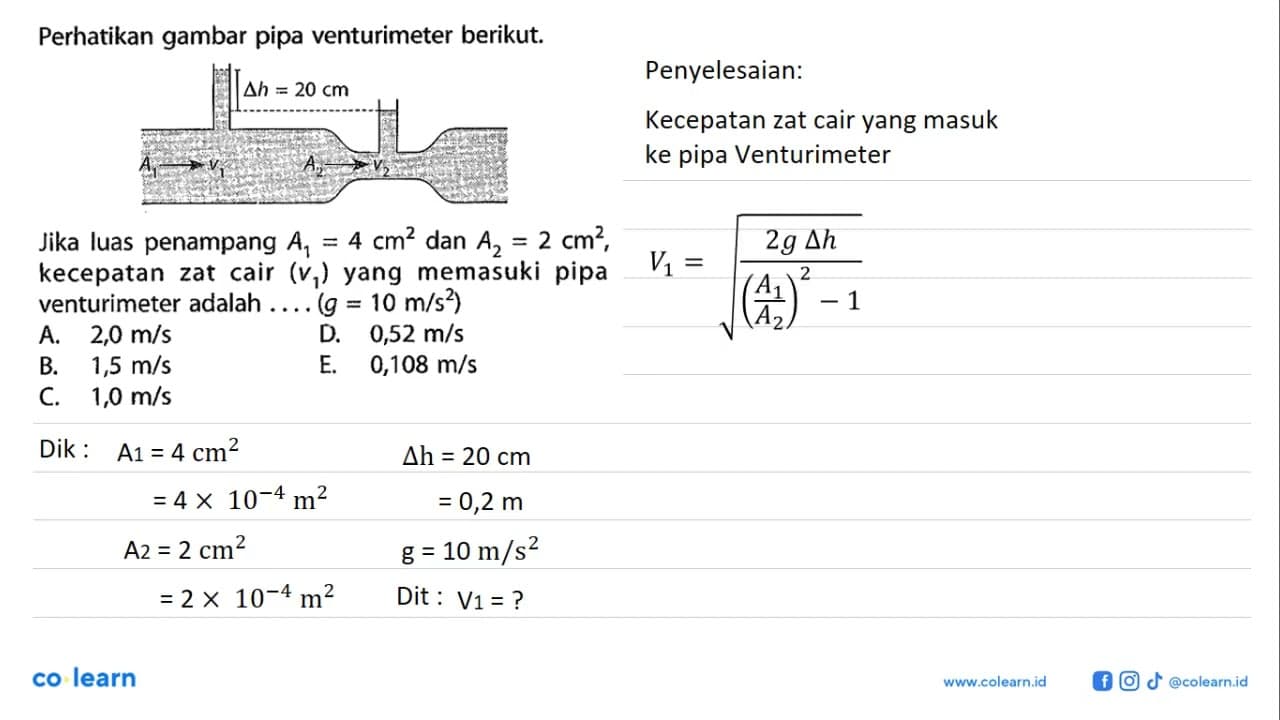 Perhatikan gambar pipa venturimeter berikut. delta h = 20