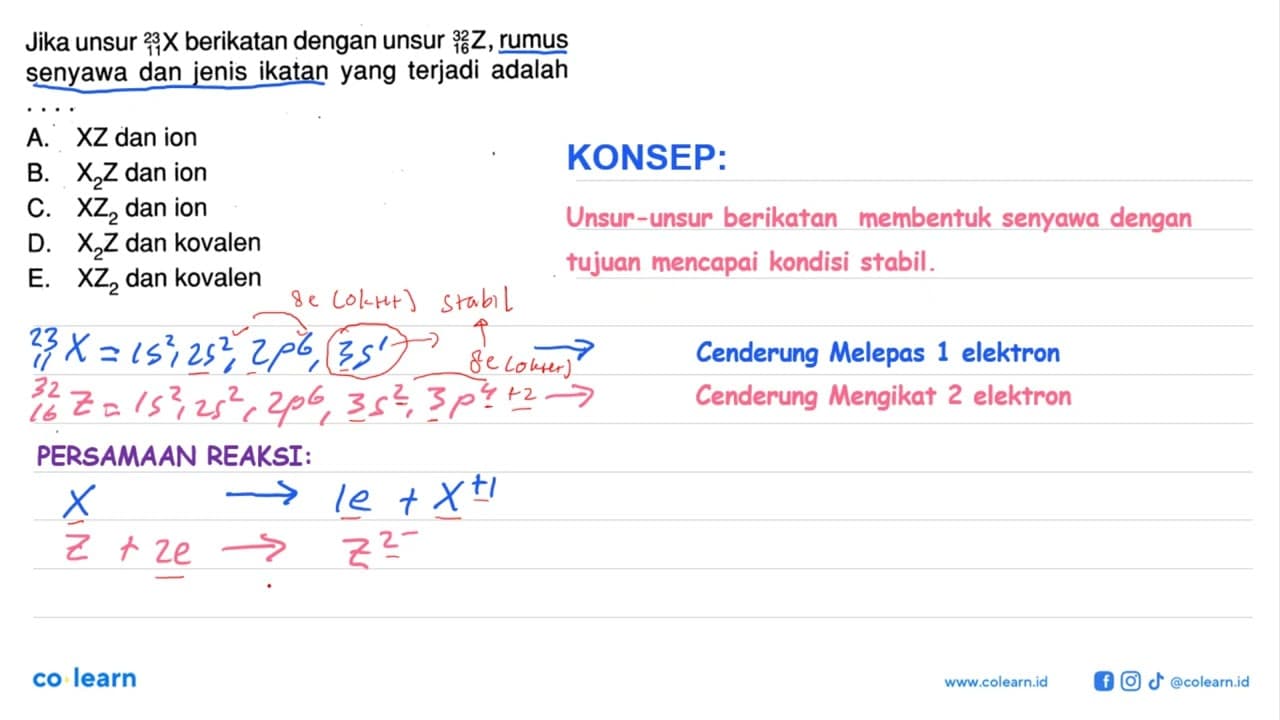 Jika unsur 23 11 X berikatan dengan unusr 32 16 Z, rumus