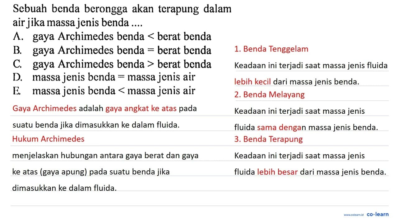 Sebuah benda berongga akan terapung dalam air jika massa