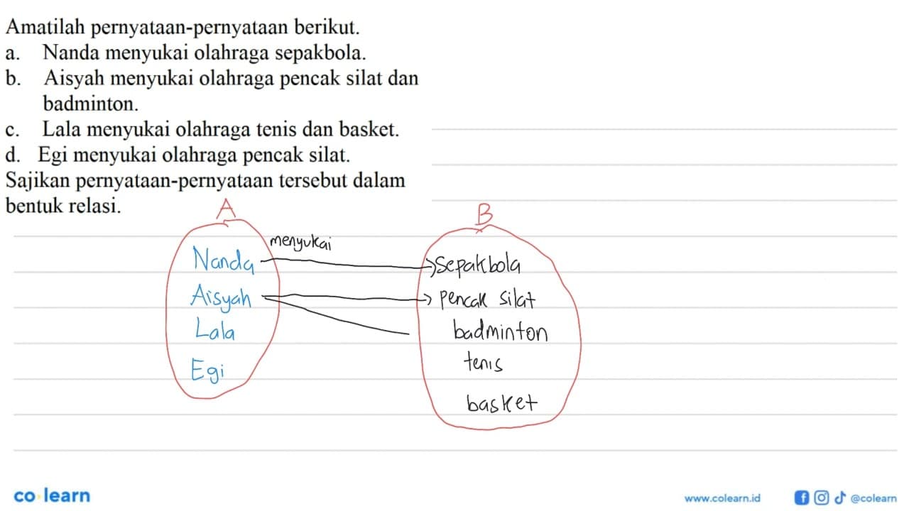 Amatilah pernyataan-pernyataan berikut. a. Nanda menyukai