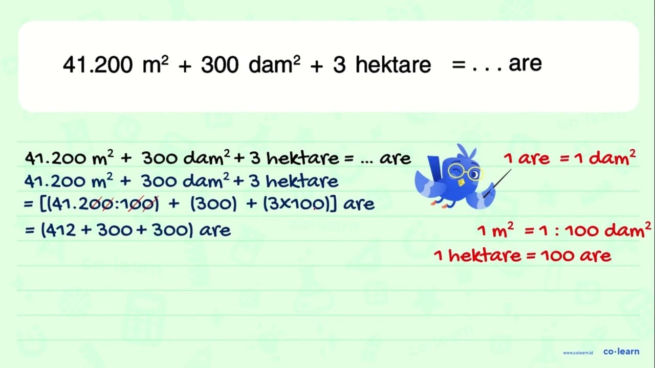 41.200 m^2 + 300 dam^2 + 3 hektare = ... are