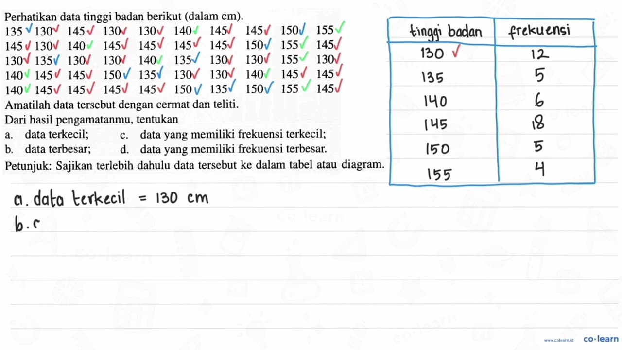 Perhatikan data tinggi badan berikut (dalam cm). 130 135