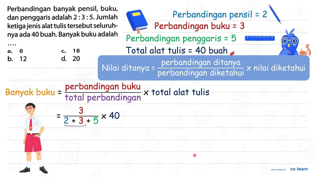 Perbandingan banyak pensil, buku, dan penggaris adalah 2: