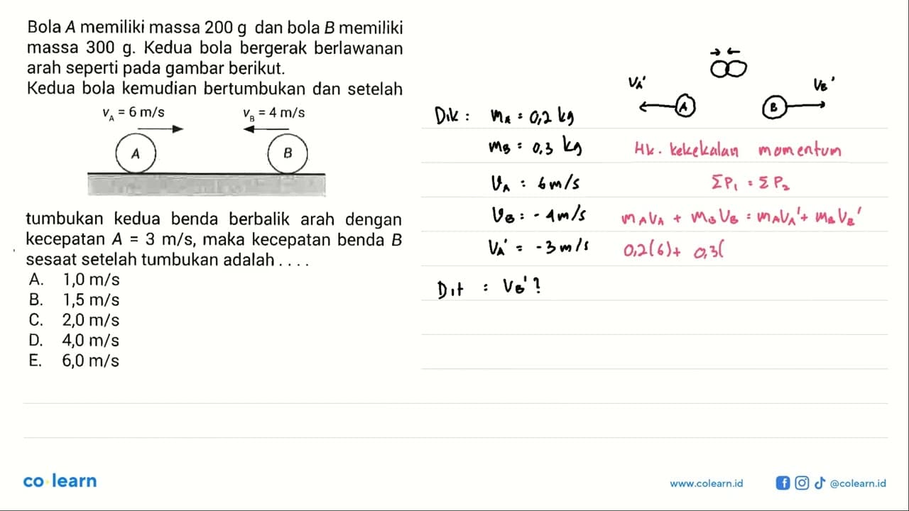 Bola A memiliki massa 200 g dan bola B memiliki massa 300