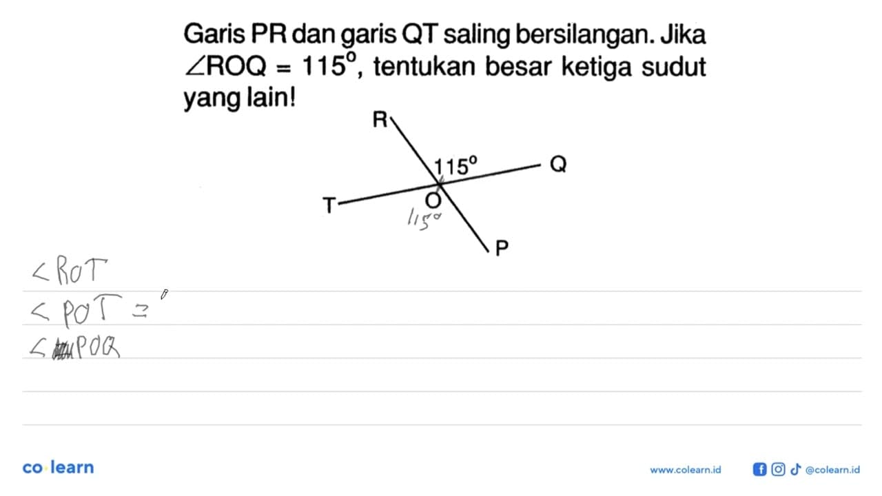 Garis PR dan garis QT saling bersilangan. Jika sudut