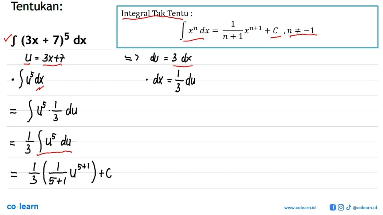 Tentukan:integral(3x+7)^5 dx