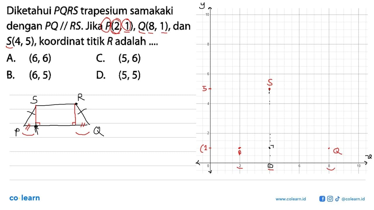 Diketahui PQRS trapesium samakaki dengan PQ//RS. Jika