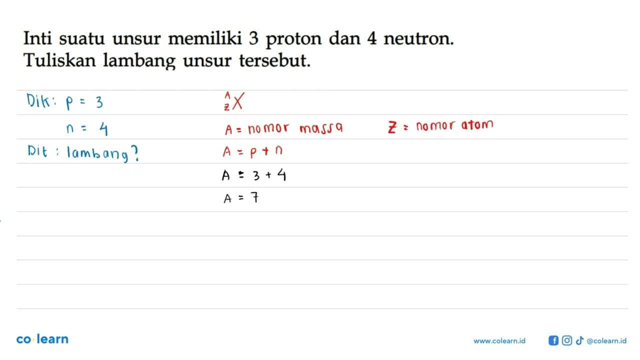 Inti suatu unsur memiliki 3 proton dan 4 neutron. Tuliskan