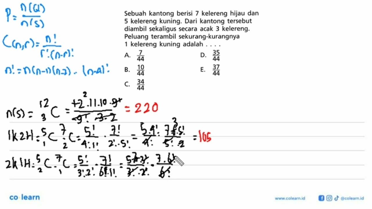 Sebuah kantong berisi 7 kelereng hijau dan 5 kelereng