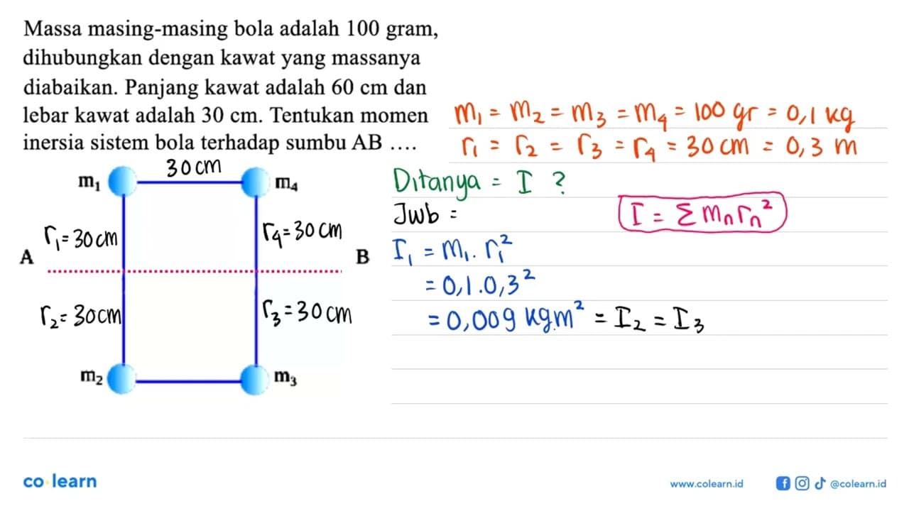 Massa masing-masing bola adalah 100 gram, dihubungkan