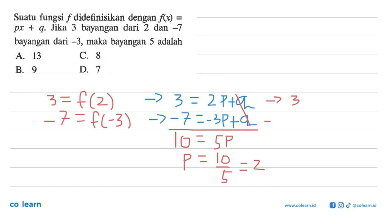 Suatu fungsi f didefinisikan dengan f(x) = px + q. Jika 3