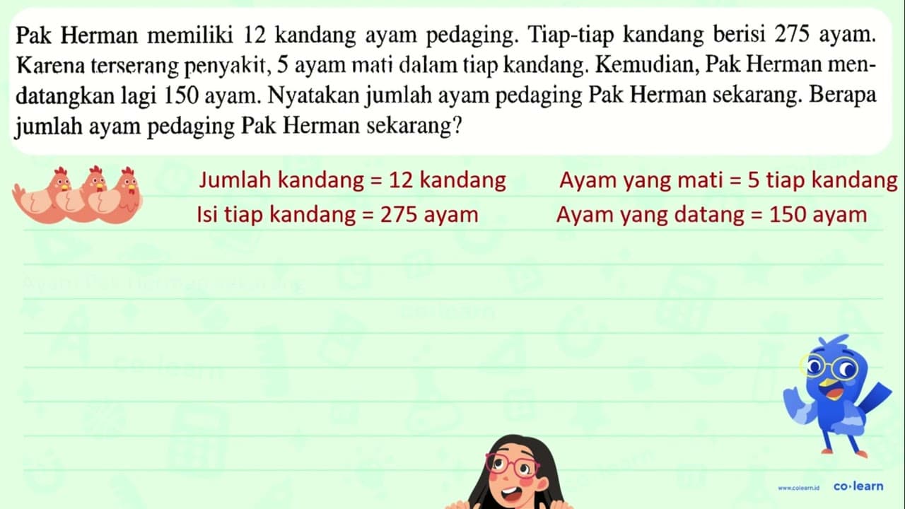 Pak Herman memiliki 12 kandang ayam pedaging. Tiap-tiap