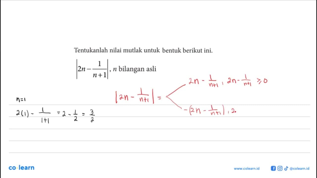 Tentukanlah nilai mutlak untuk bentuk berikut ini. |2n -