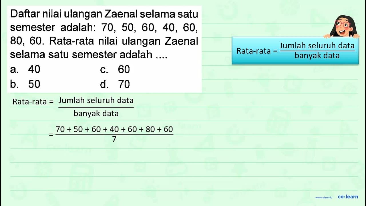 Daftar nilai ulangan Zaenal selama satu semester adalah: