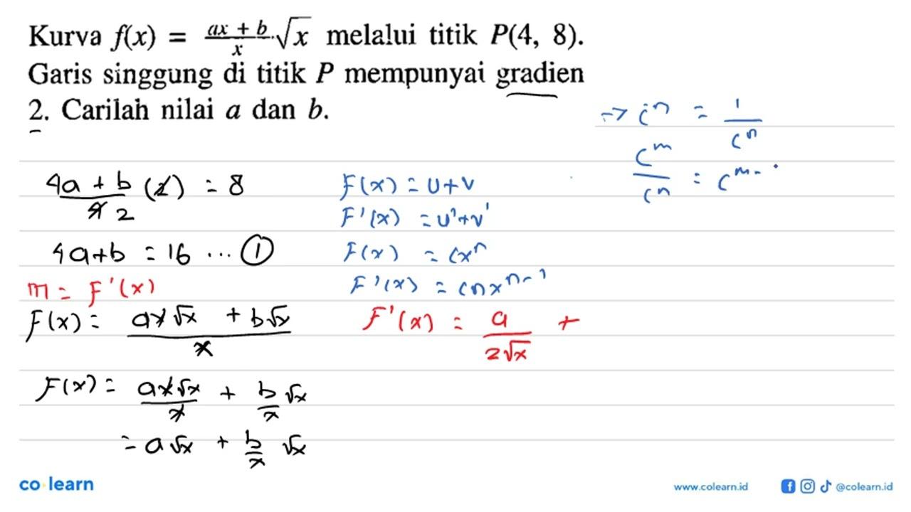 Kurva f(x)=(ax+b)/x akar(x) melalui titik P(4,8). Garis