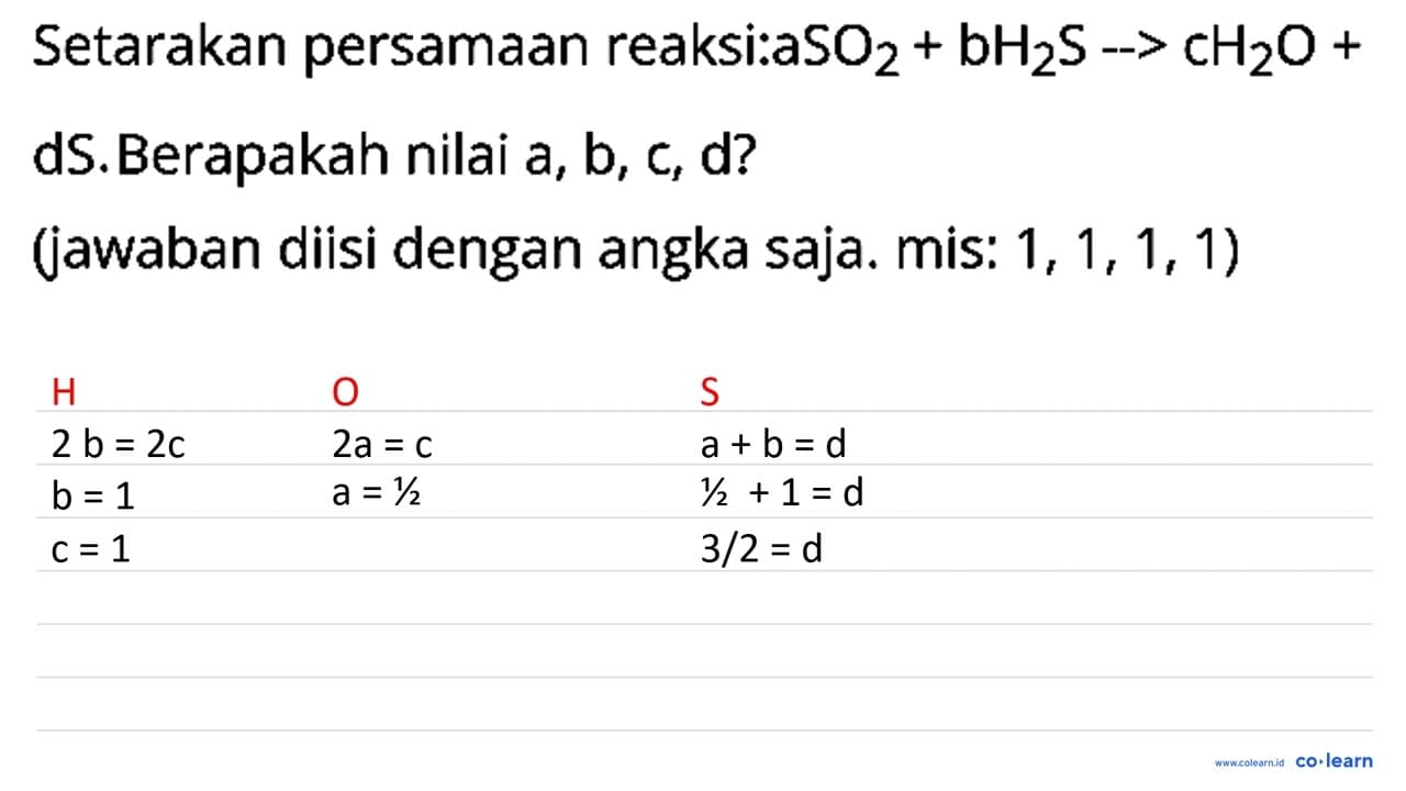 Setarakan persamaan reaksi: aSO2 + bH2S -> cH2O + dS.