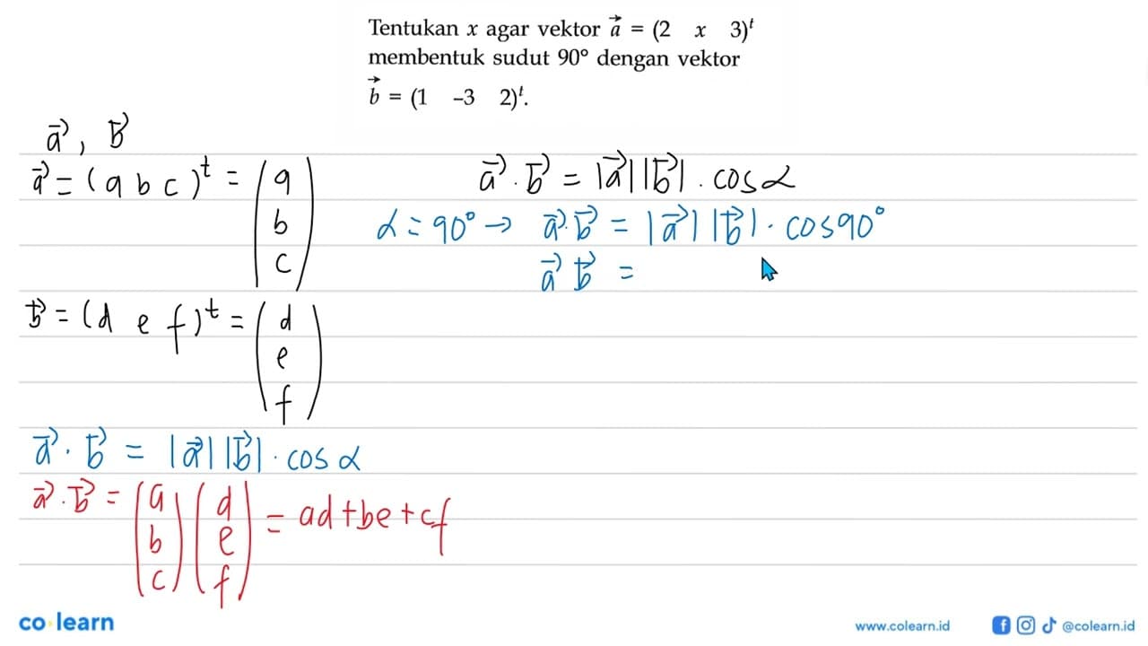 Tentukan x agar vektor a=(2 x 3)^t membentuk sudut 90