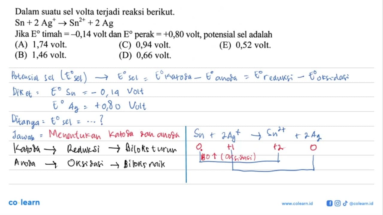 Dalam suatu sel volta terjadi reaksi berikut.Sn + 2 Ag^+ ->