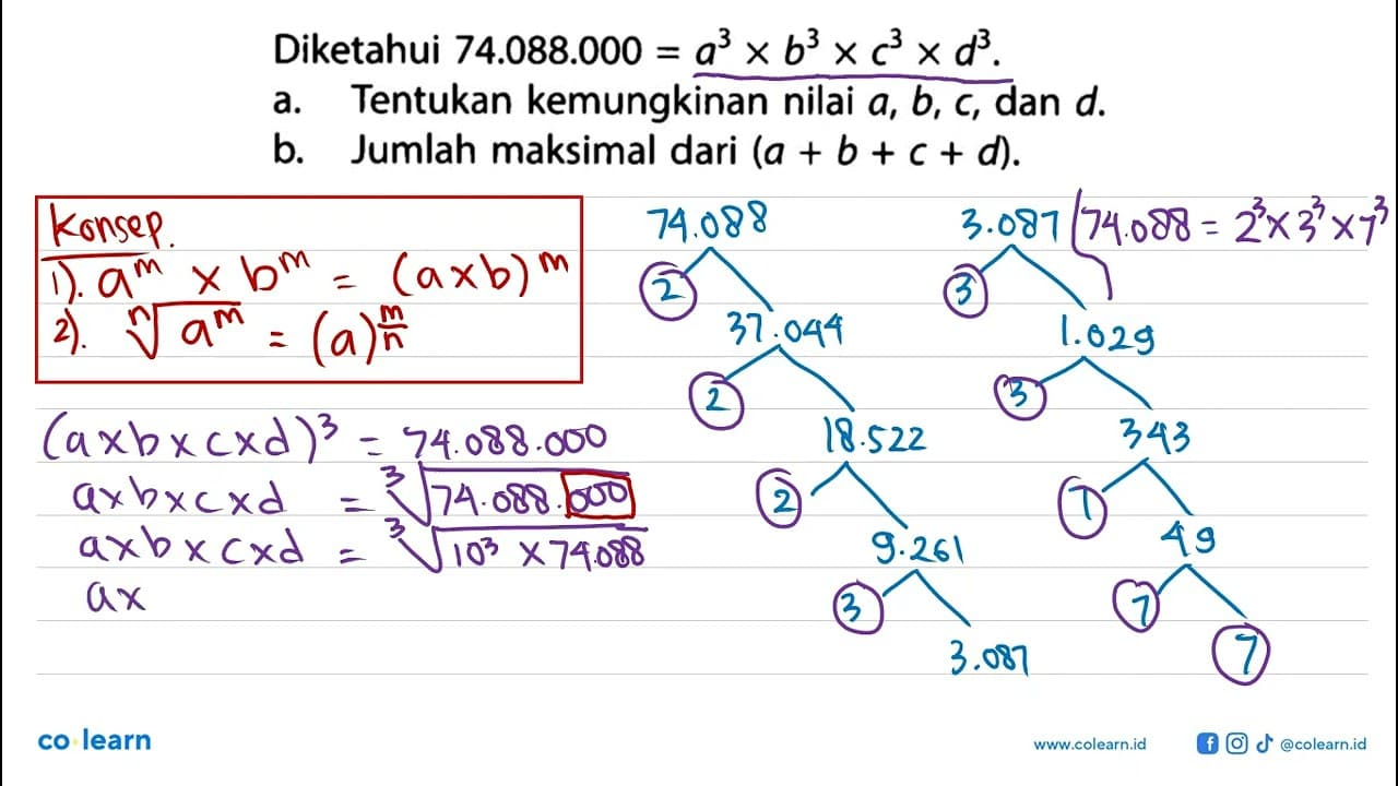 Diketahui 74.088.000 = a^3 x b^3 x c^3 x d^3. a. Tentukan