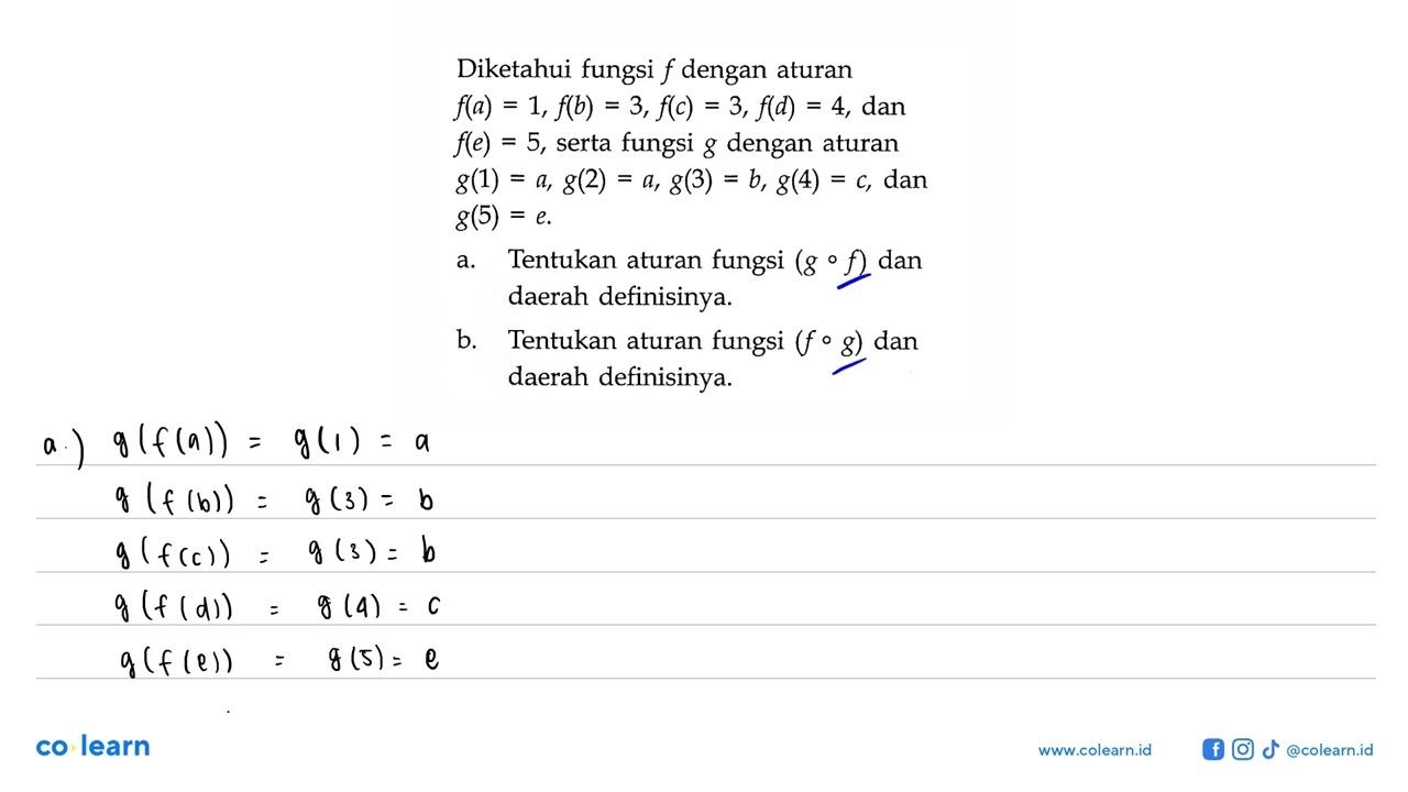 Diketahui fungsi f dengan aturan f(a)=1, f(b)=3, f()=3,