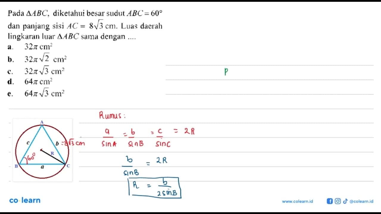 Pada segitiga ABC, diketahui besar sudut ABC=60 dan panjang