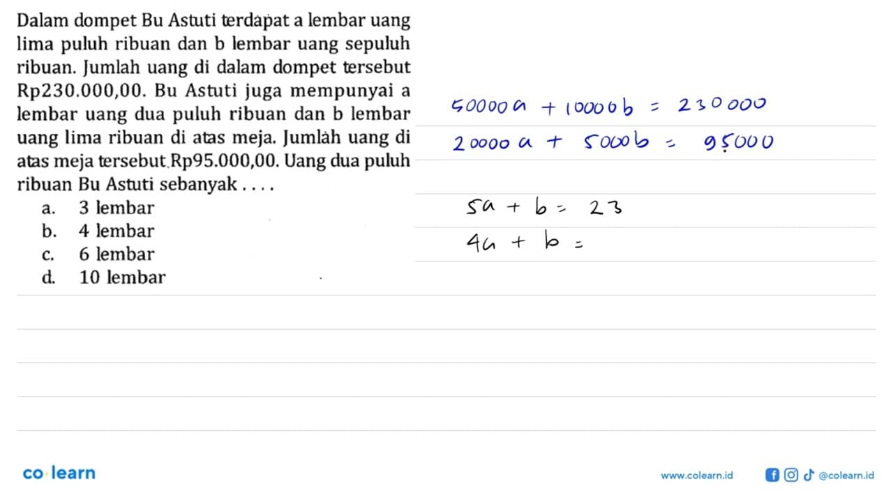 Dalam dompet Bu Astuti terdapat a lembar uang lima puluh