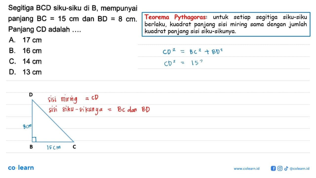 Segitiga BCD siku-siku di B, mempunyai panjang BC=15 cm dan