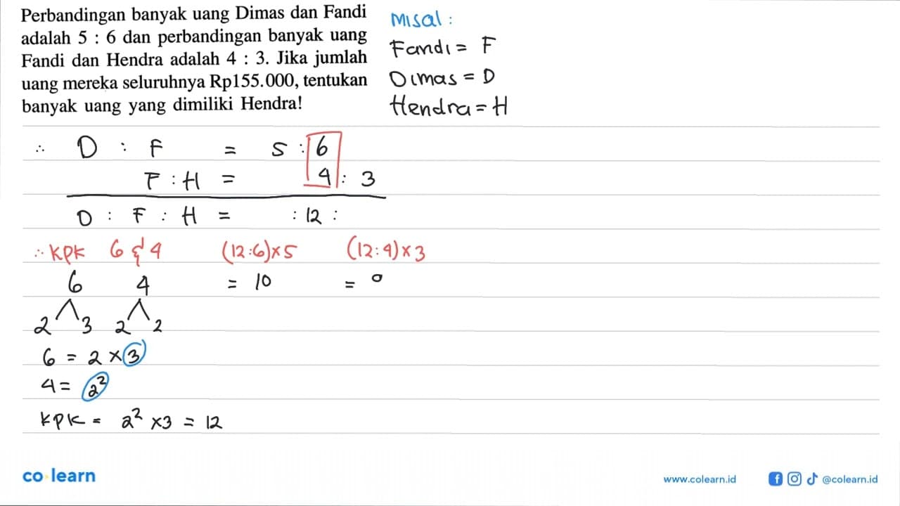 Perbandingan banyak uang Dimas dan Fandi adalah 5: 6 dan