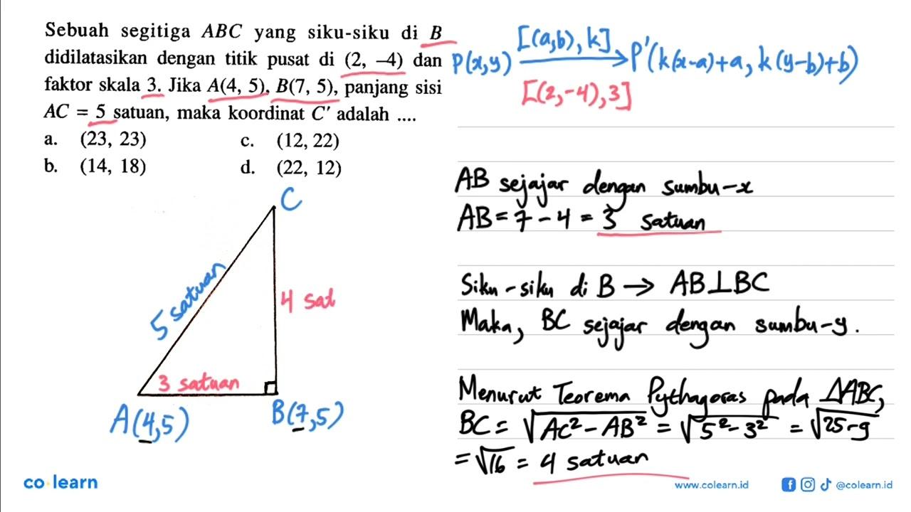 Sebuah segitiga ABC yang siku-siku di B didilatasikan