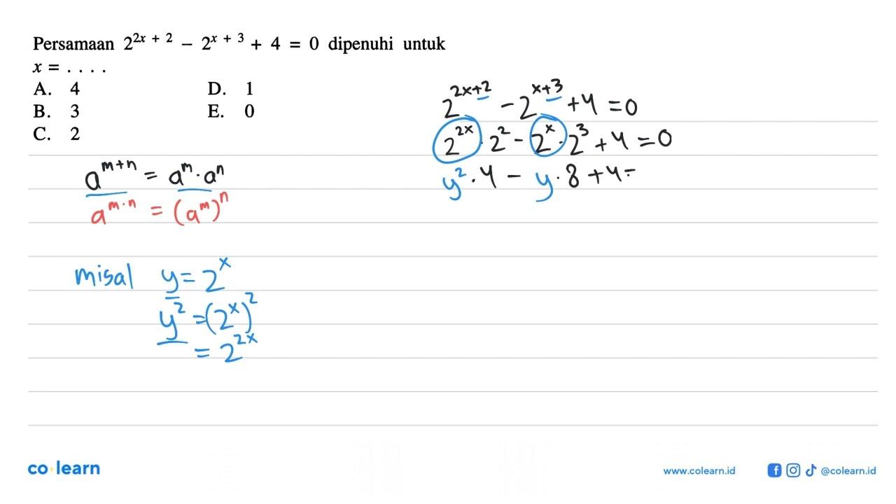 Persamaan 2^(2x+2)-2^(x+3)+4=0 dipenuhi untuk x=....