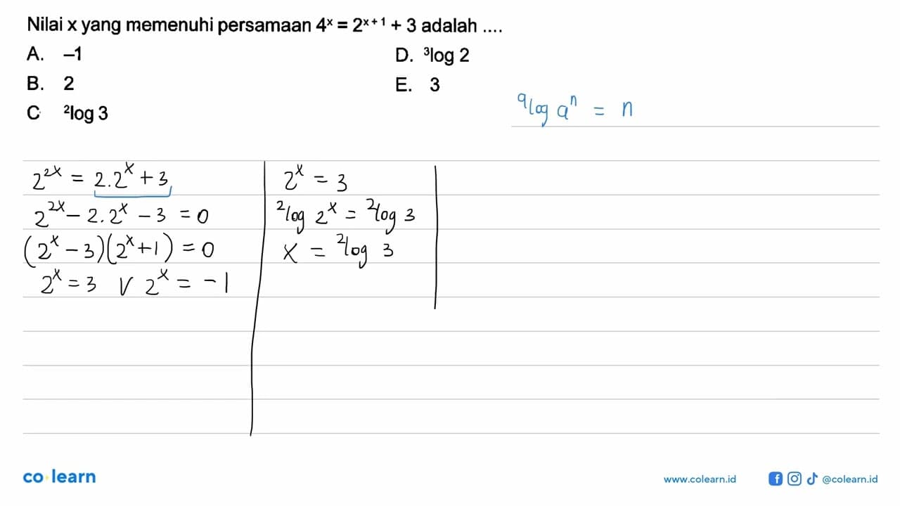 Nilai x yang memenuhi persamaan 4^x = 2^(x+1) + 3