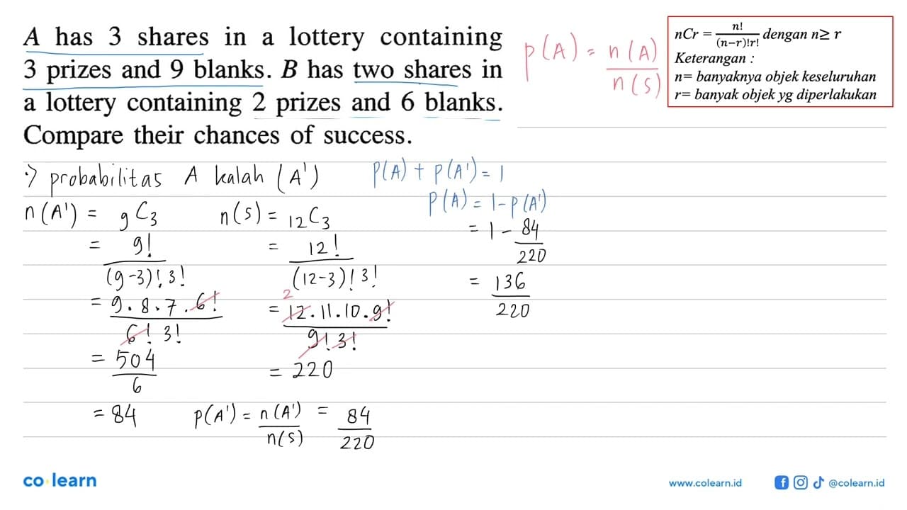 A has 3 shares in a lottery containing 3 prizes and 9