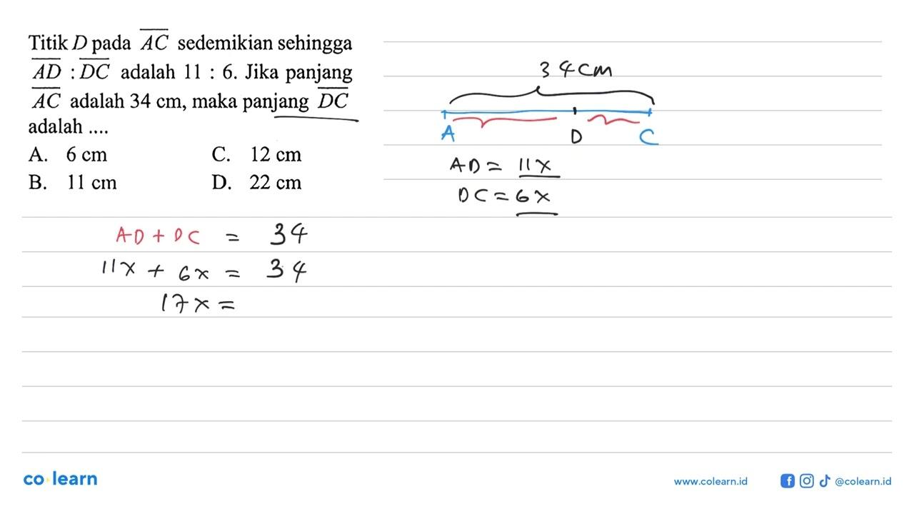 Titik D pada AC sedemikian sehingga AD : DC adalah 11 : 6.