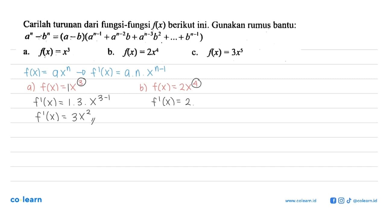 Carilah turunan dari fungsi-fungsi f(x) berikut ini.