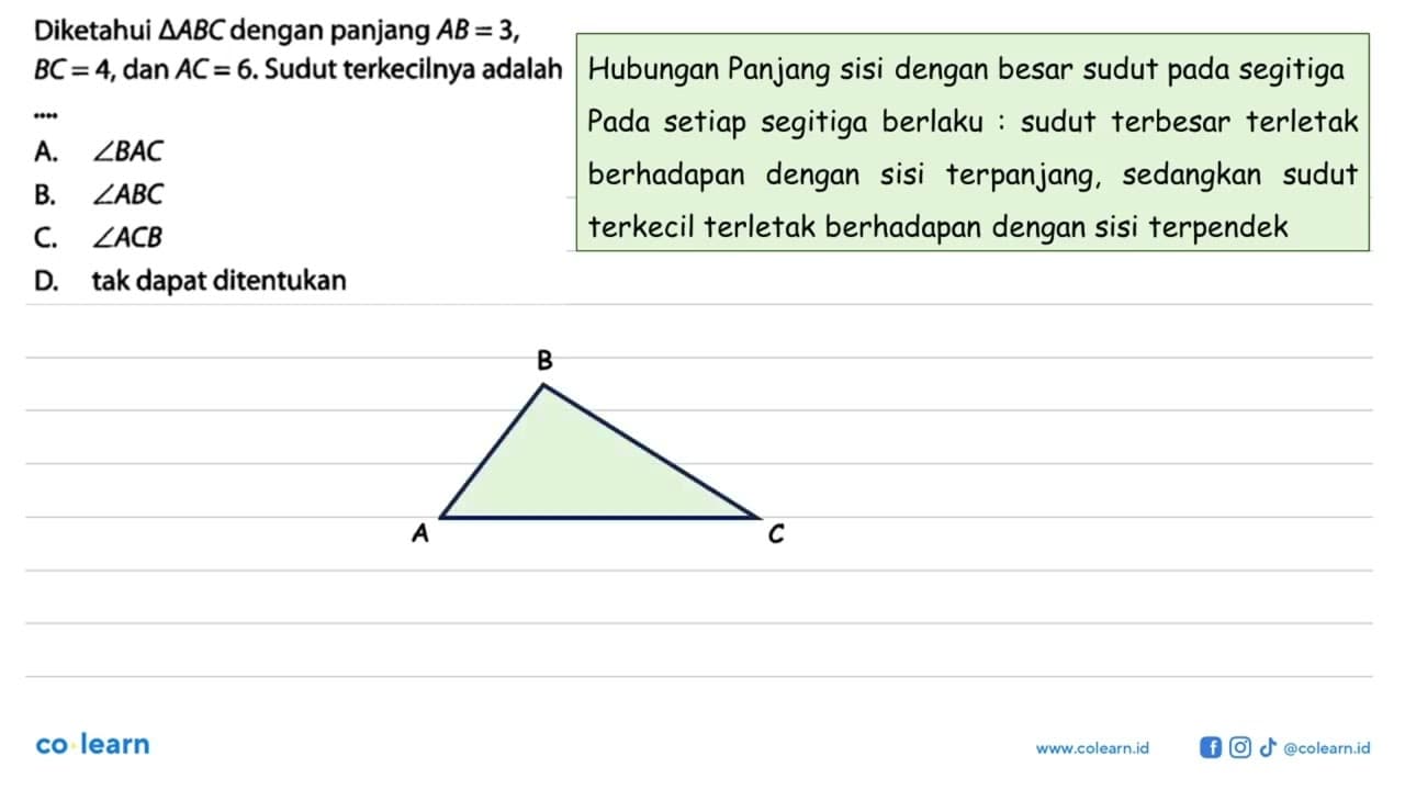 Diketahui segitiga ABC dengan panjang AB = 3, BC = 4, dan