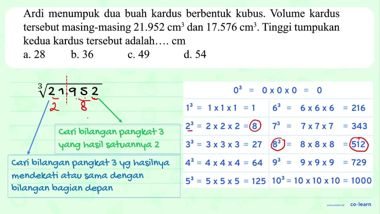 Ardi menumpuk dua buah kardus berbentuk kubus. Volume