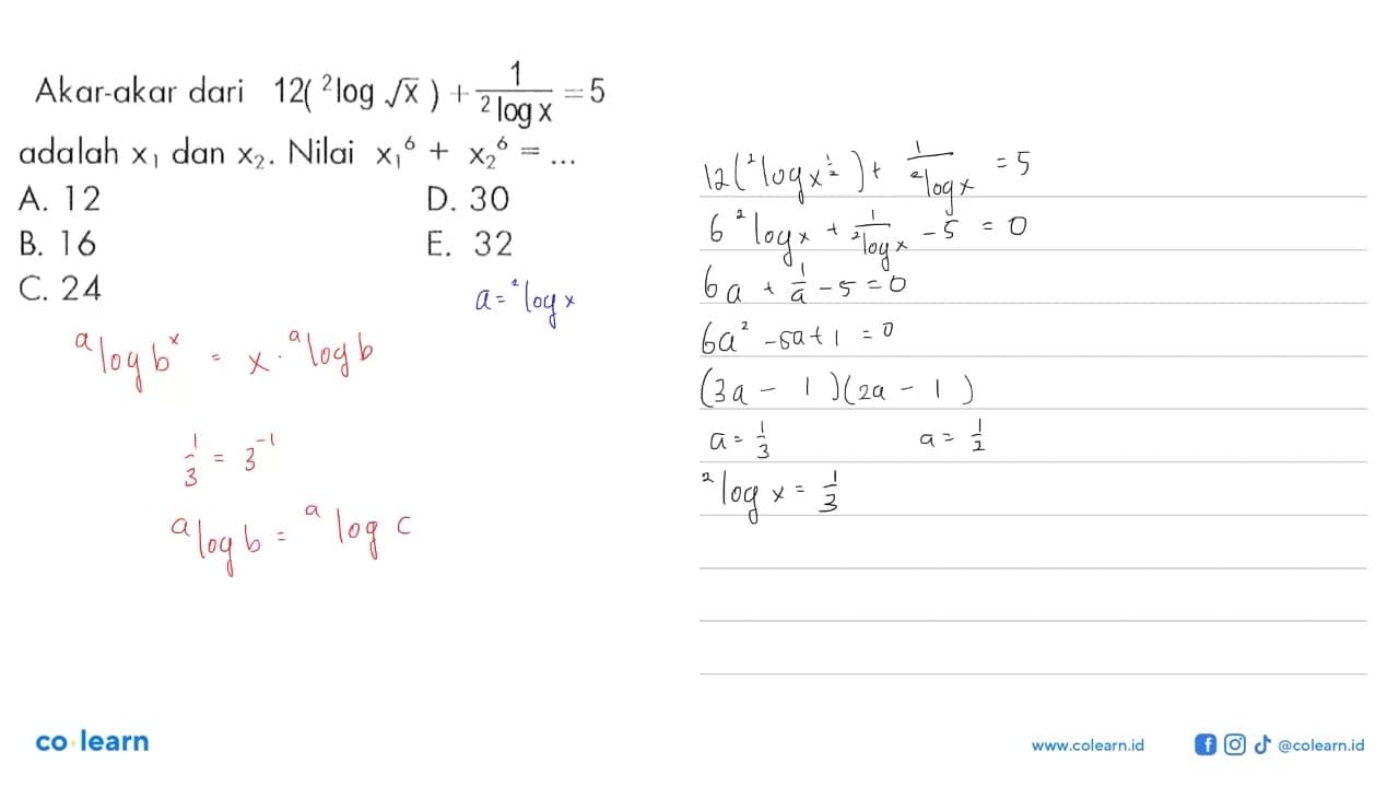 Akar-akar dari 12(2log akar(x))+1/2logx=5 adalah x1 dan x2.