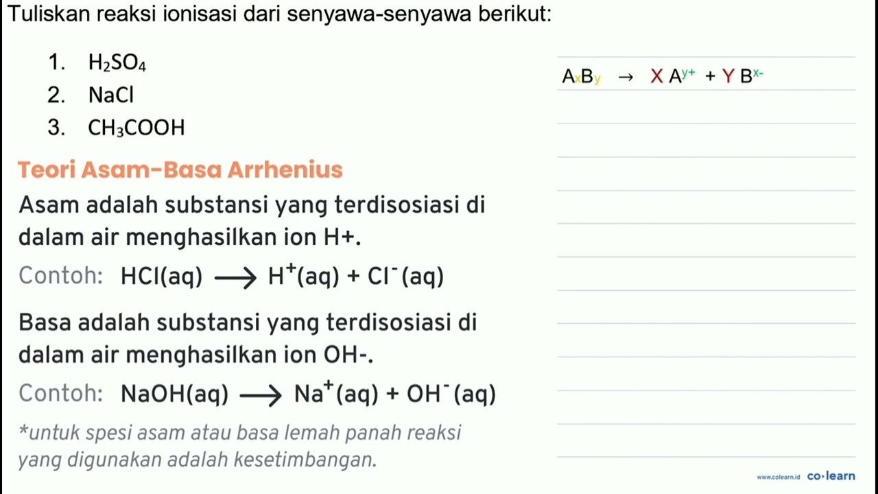 Tuliskan reaksi ionisasi dari senyawa-senyawa berikut: 1.