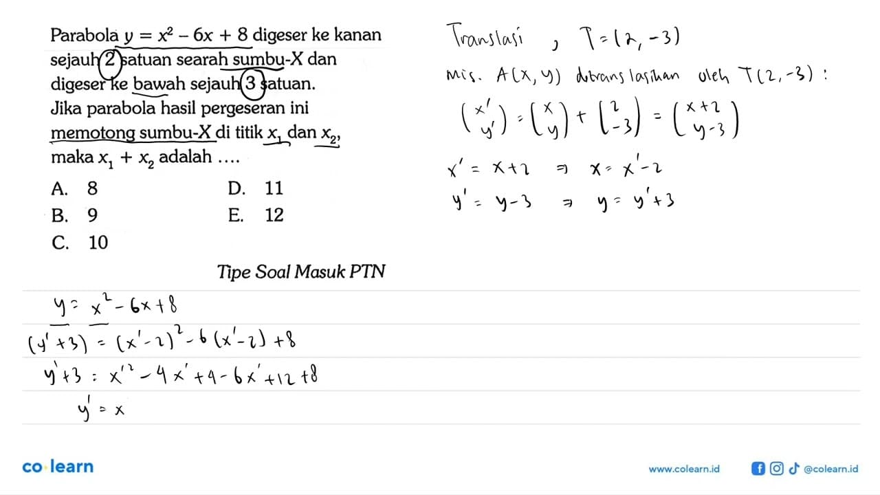 Parabola y=x^2-6 x+8 digeser ke kanan sejauh 2 satuan