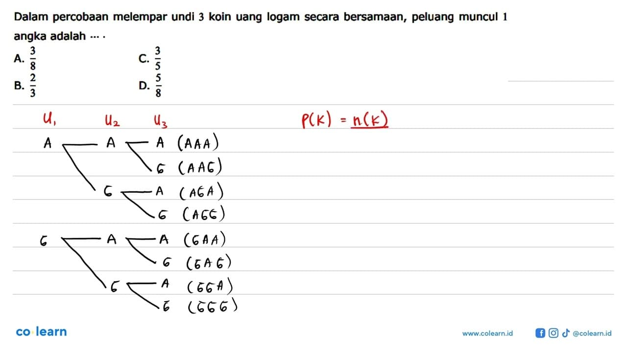 Dalam percobaan melempar undi 3 koin uang logam secara