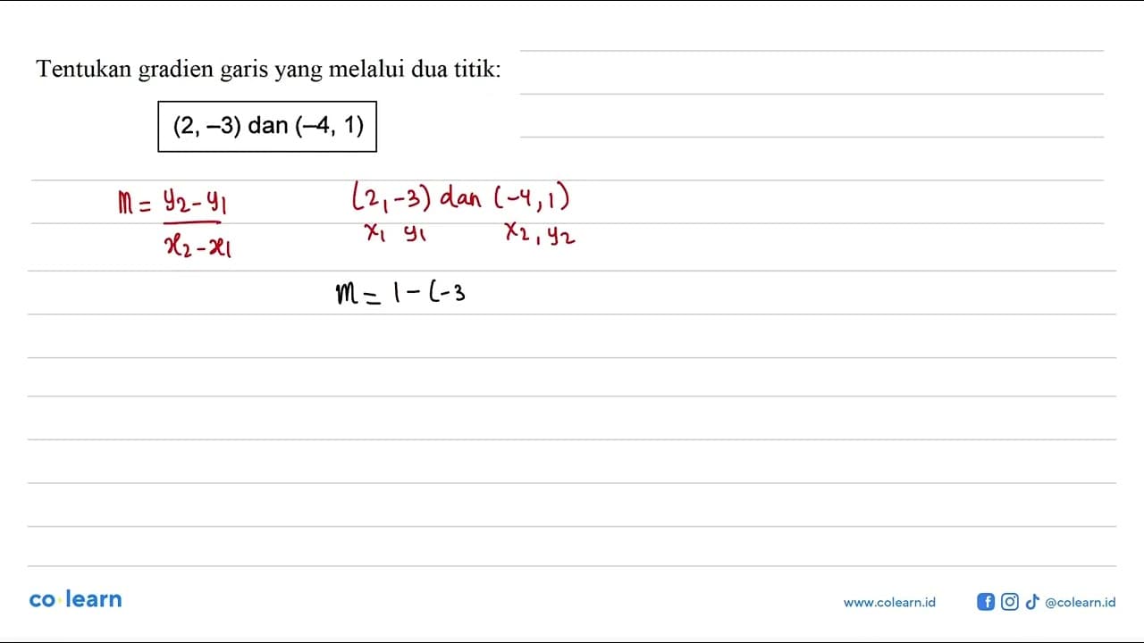 Tentukan gradien garis yang melalui dua titik: (2,-3) dan