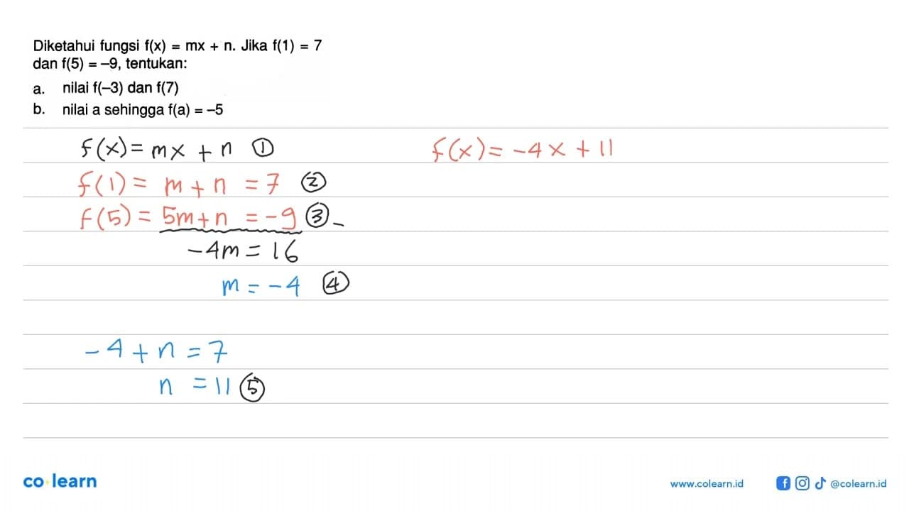 Diketahui fungsi f(x)=mx+n. Jika f(1)=7 dan f(5)=-9,