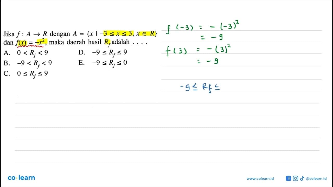 Jika f: A->R dengan A={x|-3<=x<=3, x e R} dan f(x)=-x^2,