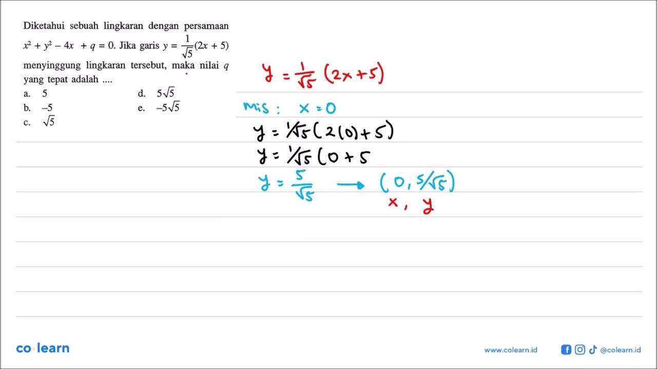 Diketahui sebuah lingkaran dengan persamaan x^2+y^2-4x+q=0