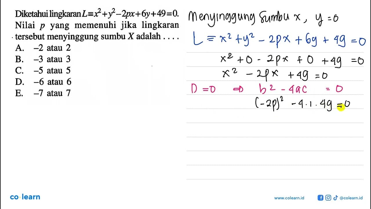 Diketahui lingkaran L ekuivalen x^2+y^2-2px+6y+49=0. Nilai